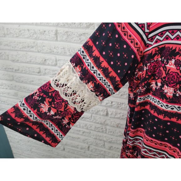 Cato Womens Top 18W 20W Plus Tunic Lace Sleeve Black Floral FLO350E - Picture 5 of 9